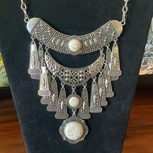 Bohemian style 2Tier Silver toned Necklace w/ multiple dangling & stone accents